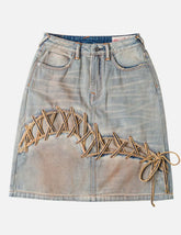 Seagull Eyelet Lace-Up Denim Skirt