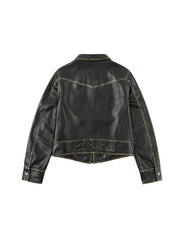Logo Embossed Cropped Leather Jacket