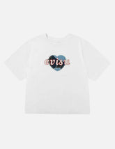 Denim Patchwork Heart and Logo Embroidery Drop Shoulder T-Shirt