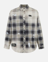 Allover Logo Print Distressed Oversized Check Shirt