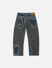 Washed Distressed Seagull Print 3D Cut Jeans
