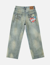 Vintage Washed Distressed Heart Print Jeans