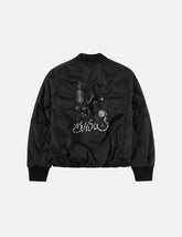 Fuzzy Cat Appliqué and Logo Embroidery Drop-Shoulder Bomber Jacket