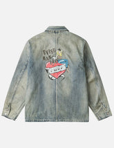 Heart Cowgirl Print Vintage Washed Denim Chore Jacket