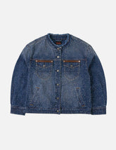 Leather Trim Fashion Fit Collarless Denim Jacket