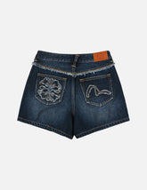 Distressed Kamon and Seagull Appliqué Embroidery Fashion Fit Denim Shorts