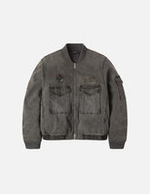 Heavy Washed Multi Logo Badges Print Regular Fit Padded Bomber Jacket