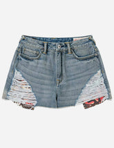 Distressed Denim Shorts with Printed Pocket Lining