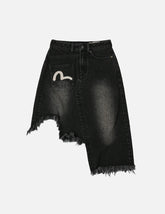 Seagull and Slogan Embroidery Regular Fit Distressed Washed Denim Skirt