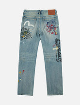 Fortune Theme Hand-Painted All-Over Print Jeans #2020
