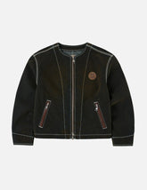 Contrast Stitch Design and Kamon Leather Label Regular Fit Denim Jacket