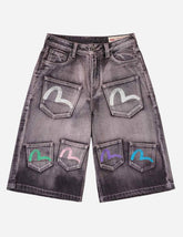 Seagull Print Multi-Pocket Denim Shorts