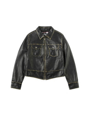 Logo Embossed Cropped Leather Jacket