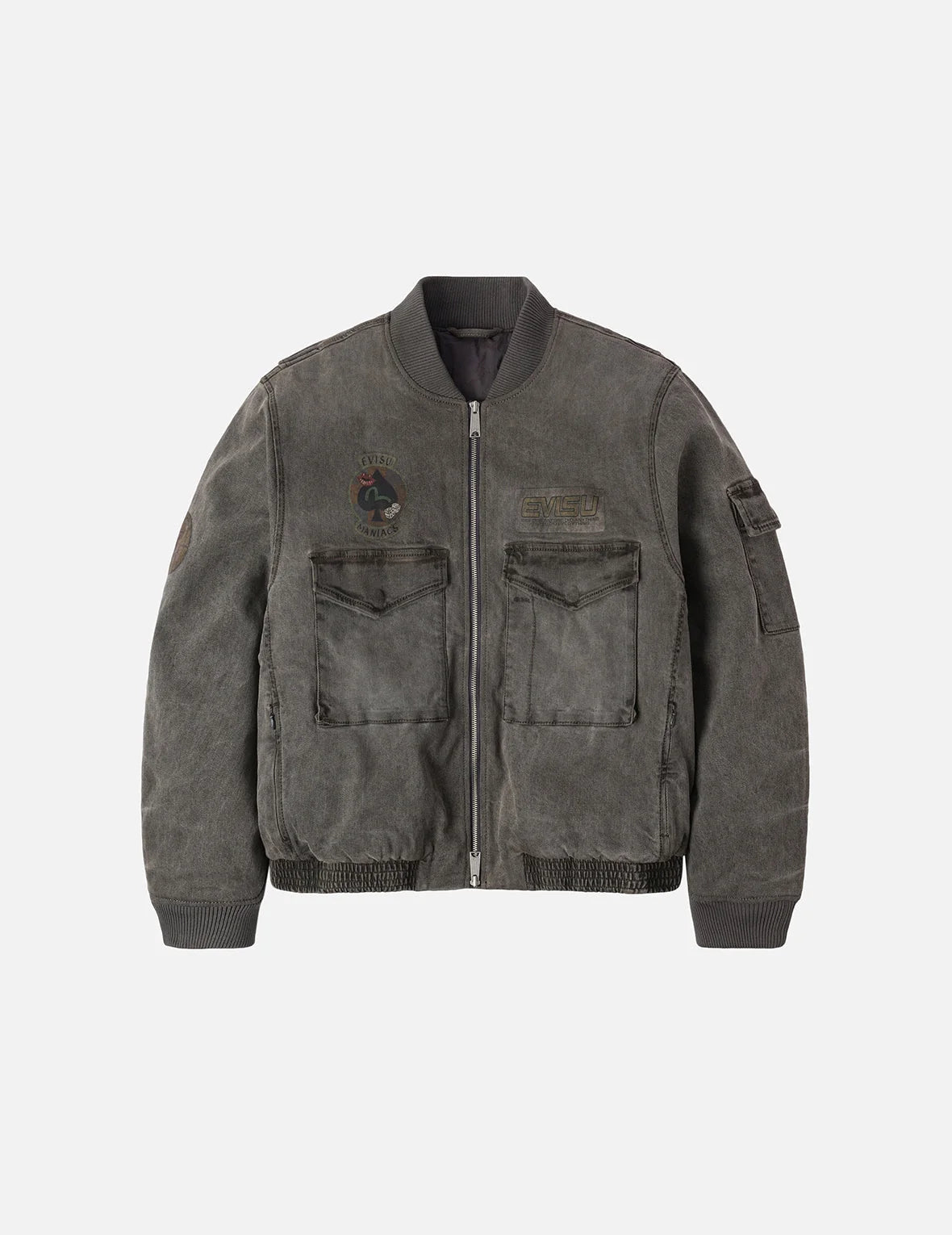 Heavy Washed Multi Logo Badges Print Regular Fit Padded Bomber Jacket