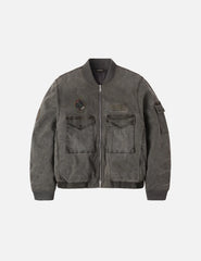 Heavy Washed Multi Logo Badges Print Regular Fit Padded Bomber Jacket