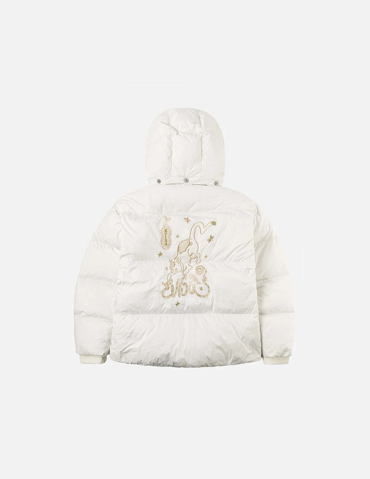 Gold-Thread Cat Appliqué Fashion Fit Down Jacket with Detachable Hood