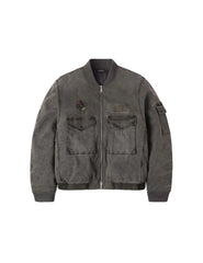 Heavy Washed Multi Logo Badges Print Regular Fit Padded Bomber Jacket