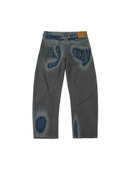 Washed Distressed Seagull Print 3D Cut Jeans